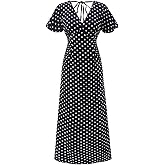 winkbay Women's Summer Polka Dots Maxi Dress Elegant Casual V Neck Tie Back A Line Going Out Dresses