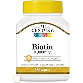 21st Century Biotin 10,000 mcg Tablets (360 Count), High Potency Biotin Supplement, Supports Hair, Skin & Nail Health, Gluten & Sugar-Free, Daily Vitamin B7 Supplement, Non-GMO