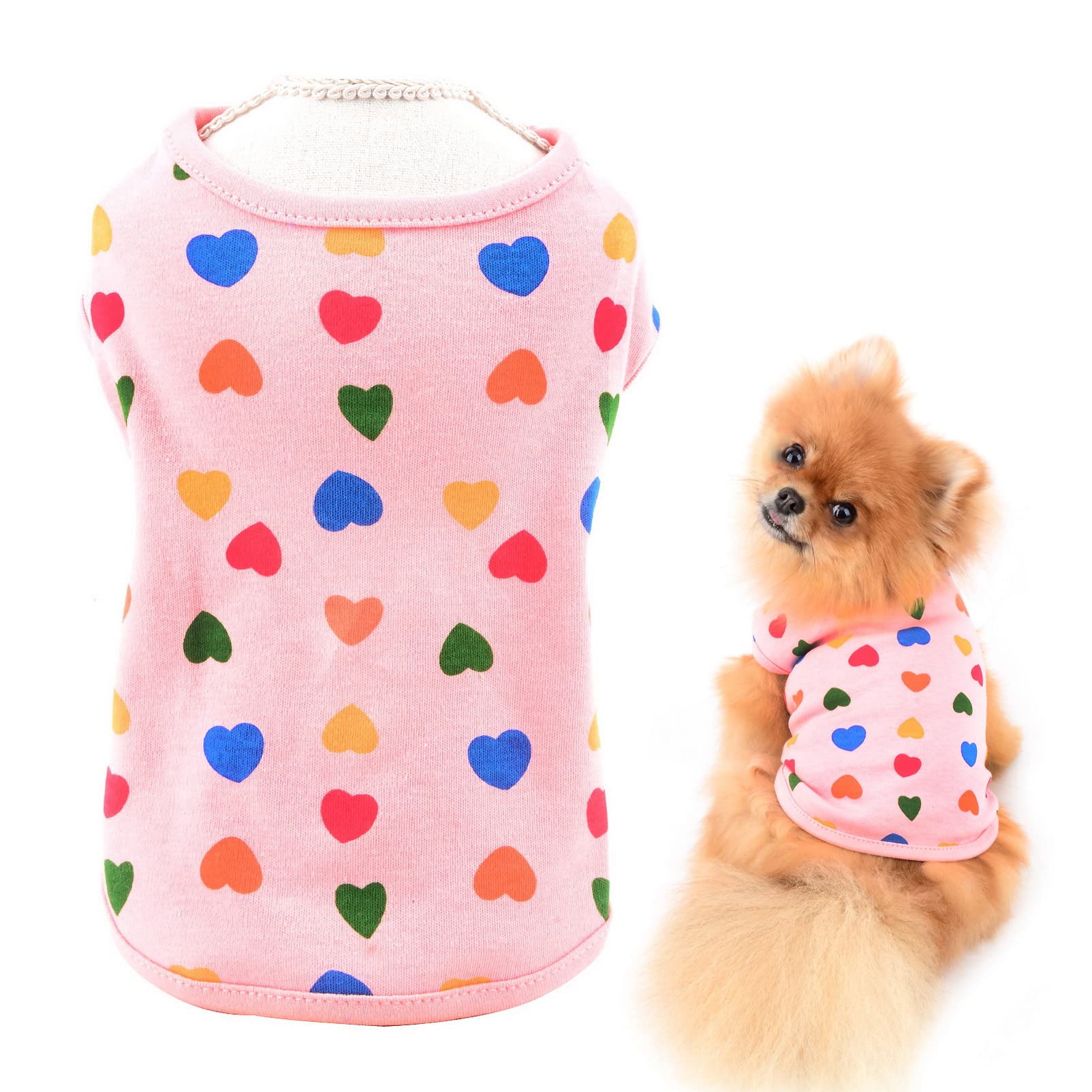 SMALLLEE_LUCKY_STORE Girls Love Hearts Print Shirt Puppy T-shirt Tee for Small Medium Dog Cat Sleeveless Cotton Tank Top Vest Summer Yorkie Chihuahua Pet Clothes Valentine's Day Apparel