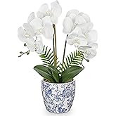 Briful Orchid Fake Flowers 18.8in White Orchid Silk Flower with Blue and White Pot Faux Orchid Arrangement for Home Office Room Shelf Table Centerpiece Decoration