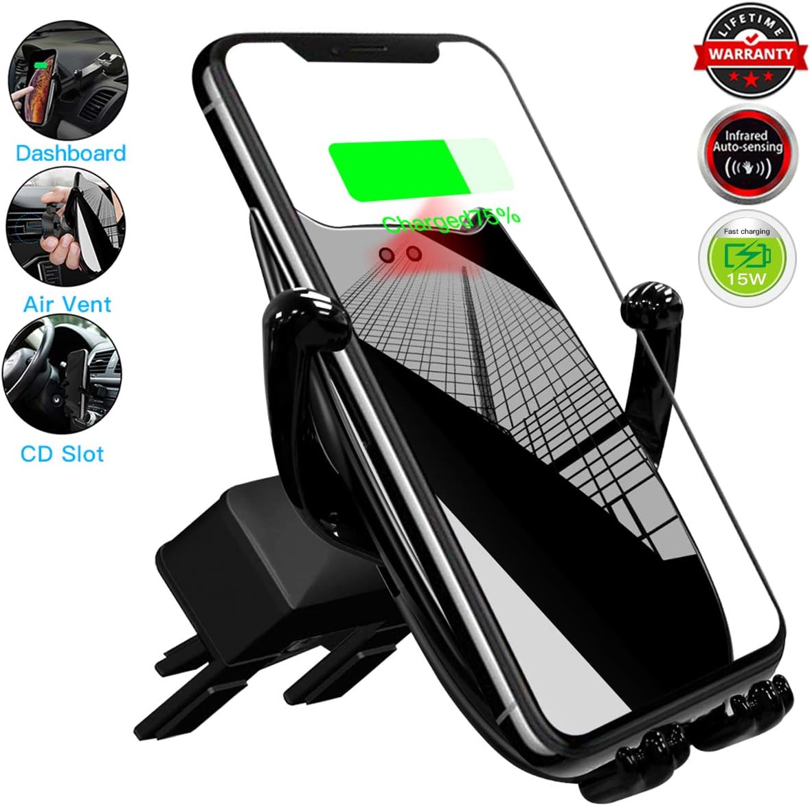 Qi Wireless Car Charger CD Slot Mount,[15W Fast Charge][Windshield Dashboard Air Vent CD][Automatic Clamping] Car Phone Mount Fits for Samsung Galaxy S10/S10 Plus Note9/S9/S8 and iPhone X/XR/XS Max