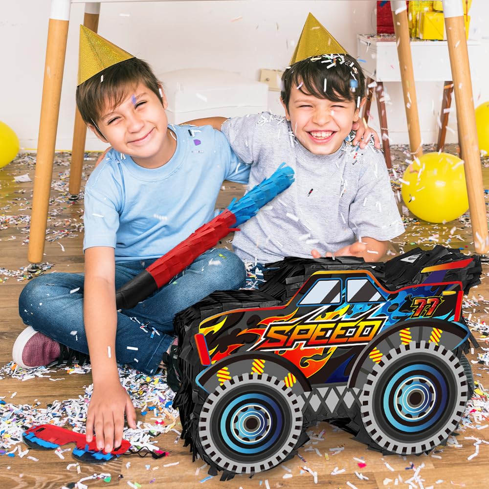 Monster Truck Pinata Car with Stick and Blindfold for Boys' Birthday Party Decoration