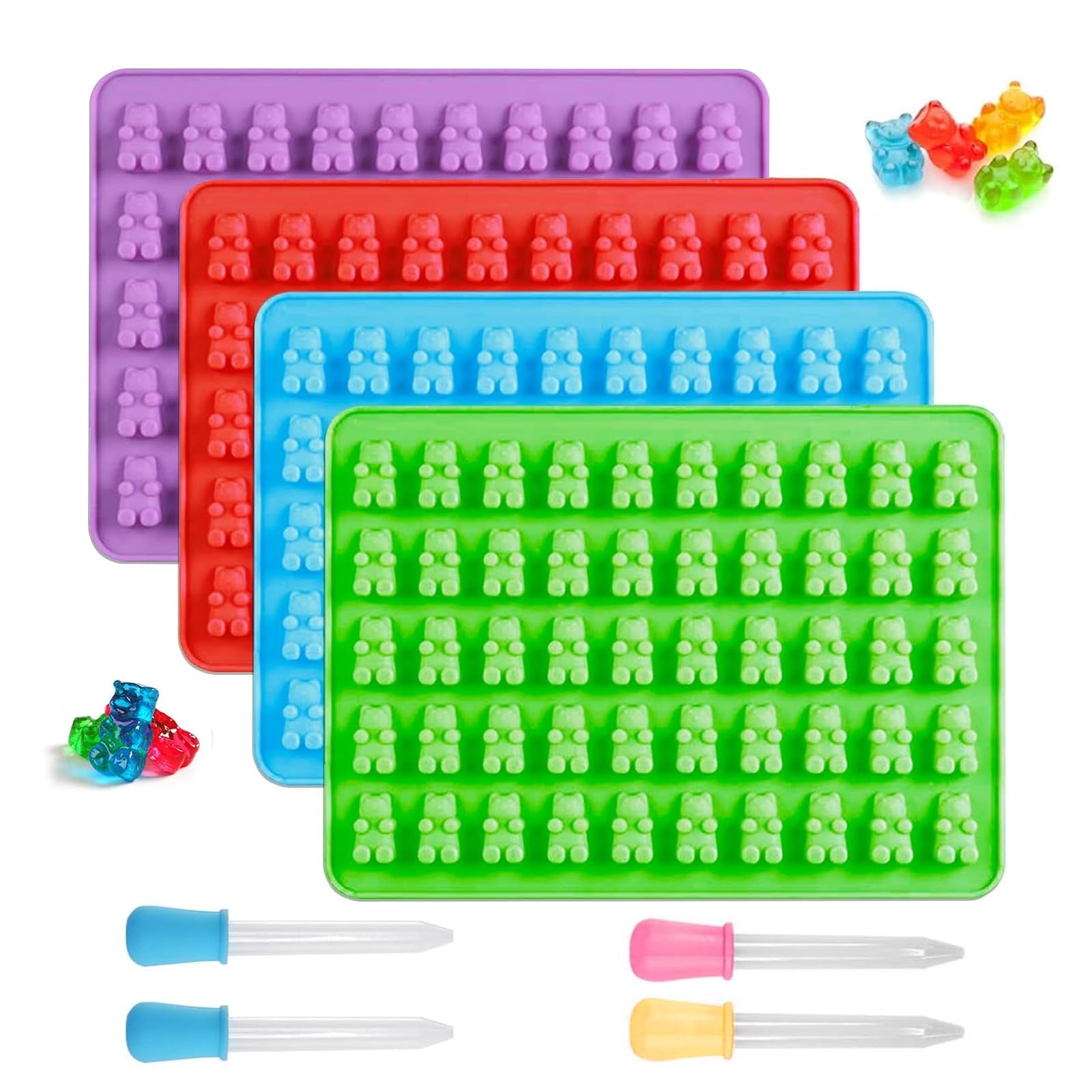 Gummy Bear Mould, Pack of 4 Silicone Candy Moulds with 4 Pipettes, Silicone Mould for Gummy Bears, Jelly, Chocolate, Christmas Sweets (Red, Blue, Green, Purple)