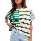 Tankaneo Womens Summer Striped Shirts Casual Color Block Short Sleeve Tops Loose Fit Crew Neck Tees