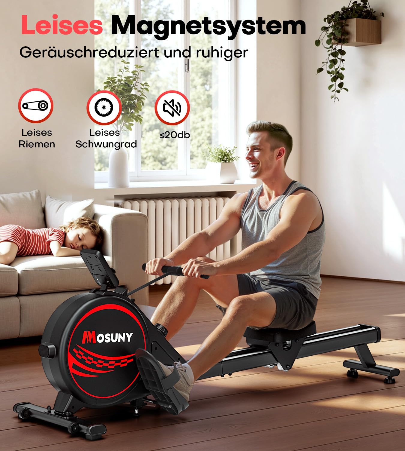 MOSUNY Rudergerät für Zuhause, Magnetisches Rudergerät mit 16 Widerstandsstufen,Upgrade Doppel-Slide-Rails Ultraleise, App-Kompatibel LCD-Datenanzeige, Belastbar bis160kg Rowing