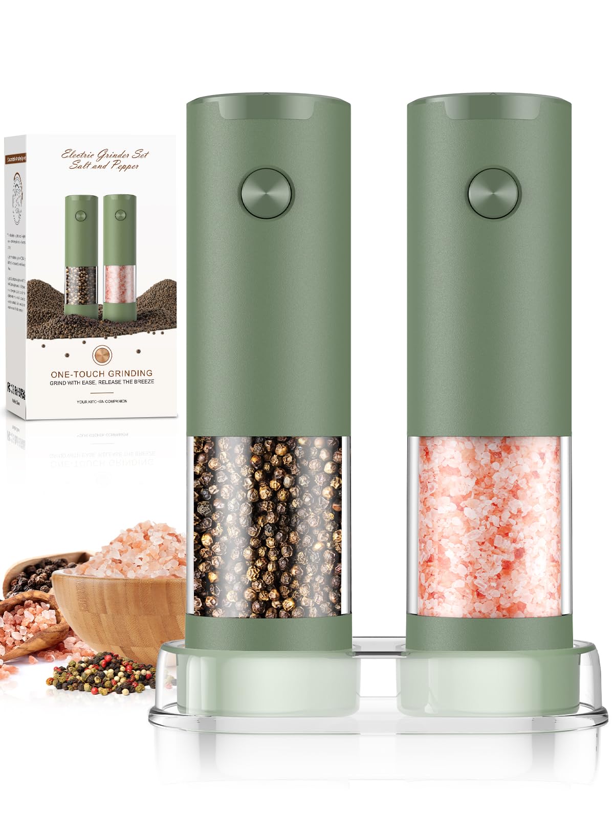 Salt and Pepper Grinder Set Mom Christmas Gifts, Electric Automatic Green Salt Pepper Shakers Home Kitchen Gadgets for New Home, Adjustable Coarseness Pepper Grinder Kitchen Appliances Image Salt and Pepper Grinder Set Mom Christmas Gifts, Electric Automatic Green Salt Pepper Shakers Home Kitchen Gadgets for New Home, Adjustable Coarseness Pepper Grinder Kitchen Appliances Image