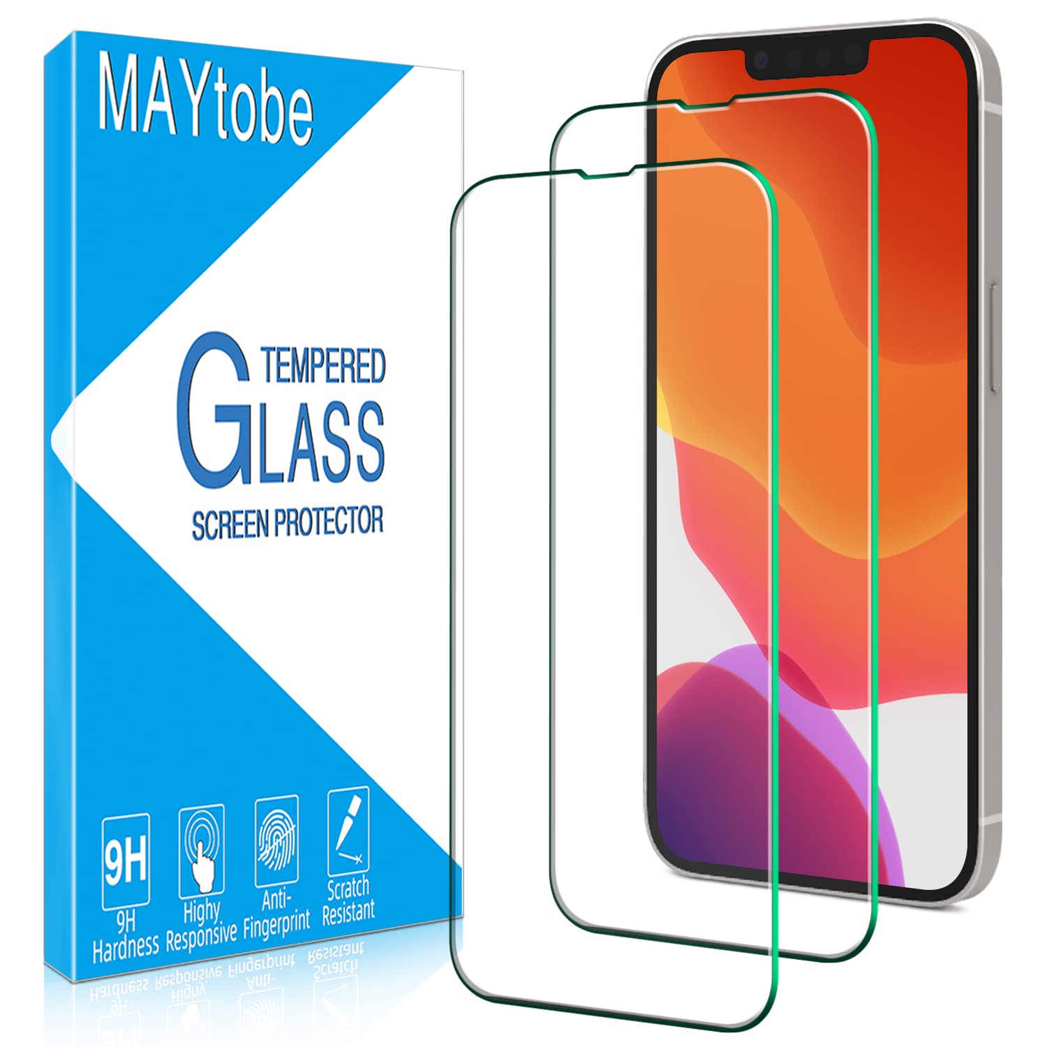 MAYtob 2 Pack Screen Protector for iPhone 13/13 Pro/iPhone 14 6.1-Inch Tempered Glass, 9H Hardness, Bubble Free, Anti Scratch, 0.33mm Ultra Transparent, Case Friendly