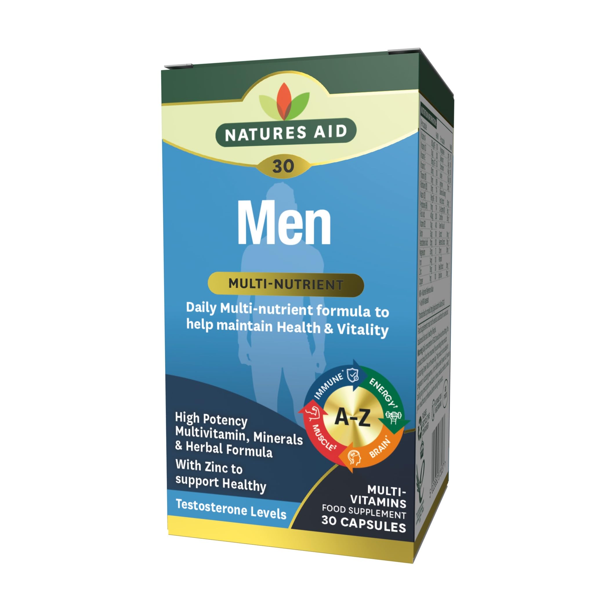 Natures Aid Men's Multi-Vitamins and Minerals Capsules (29 Essential Vitamins and Minerals + Superfood Complex, 30 Capsules, Suitable for Vegetarians, Made in The UK)