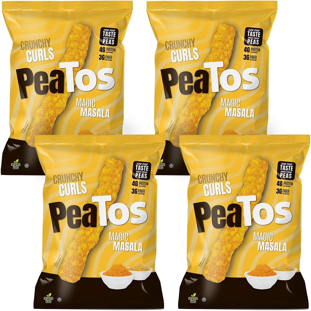 Peatos Crunchy Puffs Snacks, Masala, 3 Ounce (4 Count), Exotic Blend of Spices, 4g Protein and 3g Fiber, Vegan, Pea Plant Protein Snack