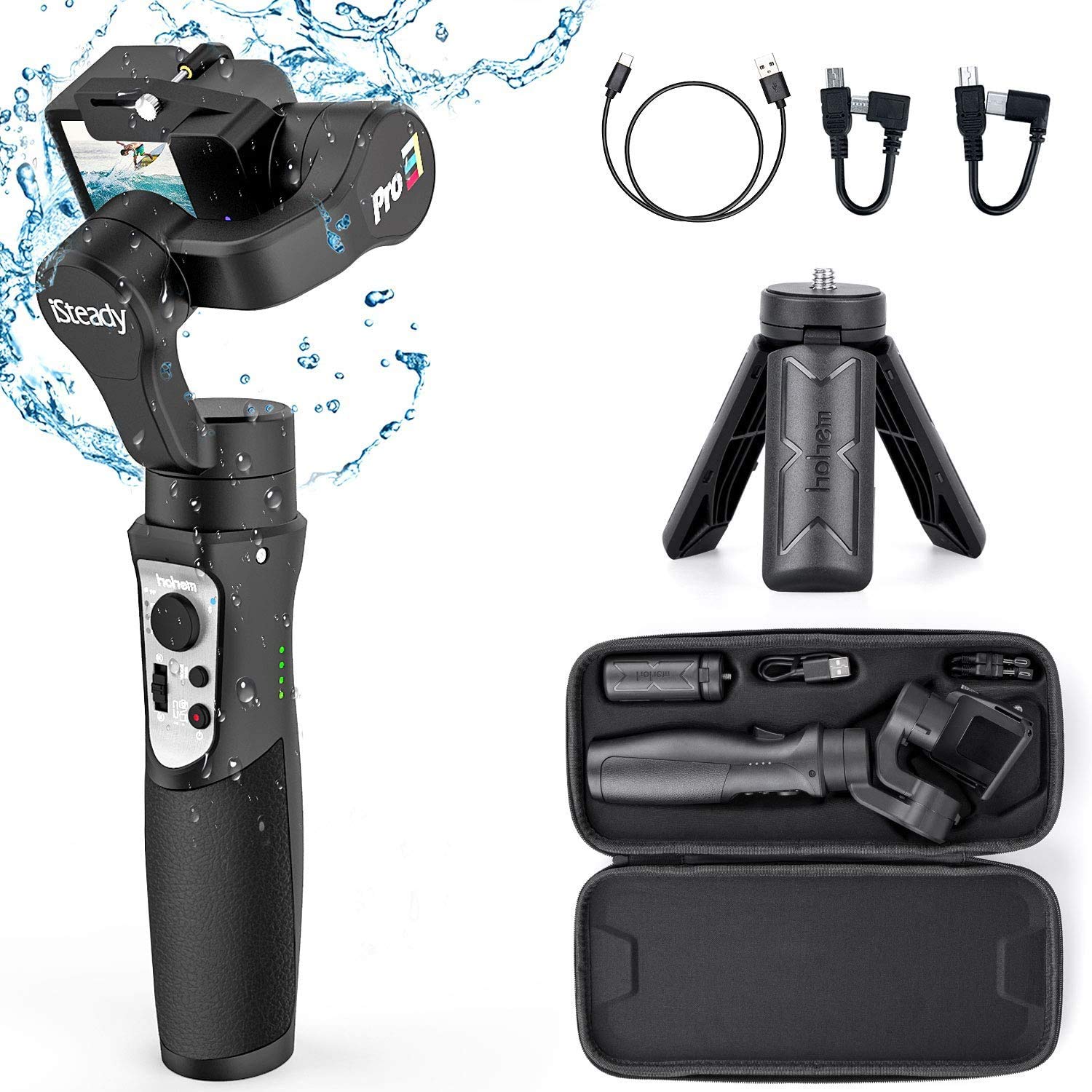 Hohem iSteadyPro 3 Splash-Proof Handheld 3-Axis Gimbal Stabiliser for DJI, GoPro, Yi, SJCam Action Cameras - Black ISP3B