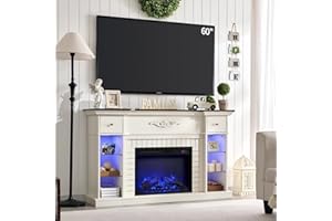 IFBUY 54" Farmhouse Electric Fireplace TV Stand for 60 Inch, 33" Tall LED Entertainment Center w/7 Color, Open adjustable Shelves & Drawers, 23'' Fireplace Insert Heater for Living Room, Antique White