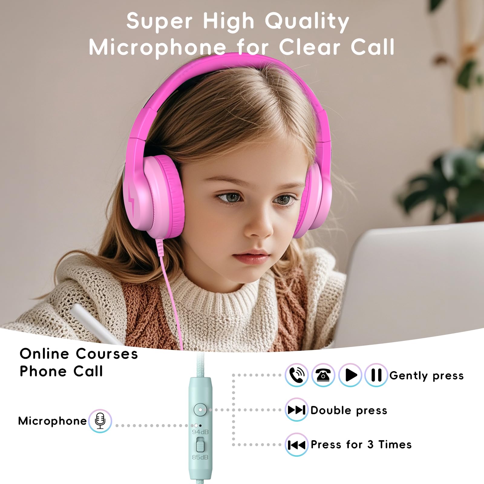 Candy Bila Kids Headphones, Wired Headphones for Kids Over Ear with Microphone, 85/94dB Volume Limiter Headphone for Girls Boys, Foldable Headphone for Learning & Entertainment, Gradient Deep Pink