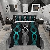 Erosebridal Teal and Black Queen Comforter Set for Men, Teal Striped Bedding Set for Boys Adults, Contemporary Boho Modern Art Abstract Comforter, Gradient Geometric Stripes Aesthetic Quilt