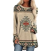 LOAIHA Western Shirts for Women Long Sleeve Native American Cowgirl Shirt Aztec Cow Skull Sweatshirt Ethnic Country Outfits