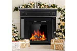 JAMFLY Electric Fireplace Mantel Package Wooden Surround Firebox TV Stand Free Standing Electric Fireplace Heater with Logs, Adjustable Led Flame, Remote Control, 750W-1500W (Black) 1