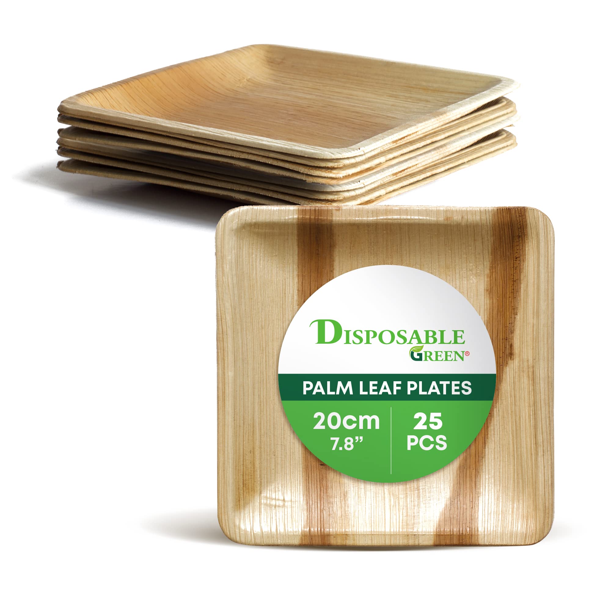 DISPOSABLE GREEN - Square Disposable Plates, Areca Leaf Serving Plates, Dinner Plates for Parties, Weddings, Catering, & More, Disposable Plates for Hot Food & Cold Food, 20 x 20 x 2 cm, 25-Pcs