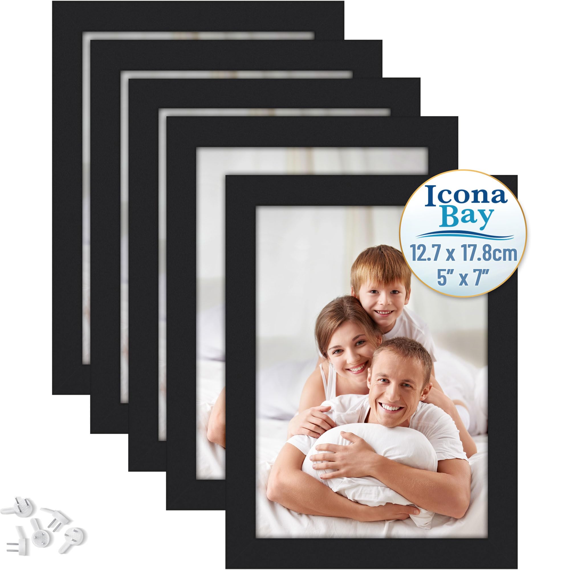 Icona Bay - 7x5 Picture Frames - Black, 5 Pack - Modern Style Wood Composite Frames - Table Top or Wall Mount - Bliss Collection