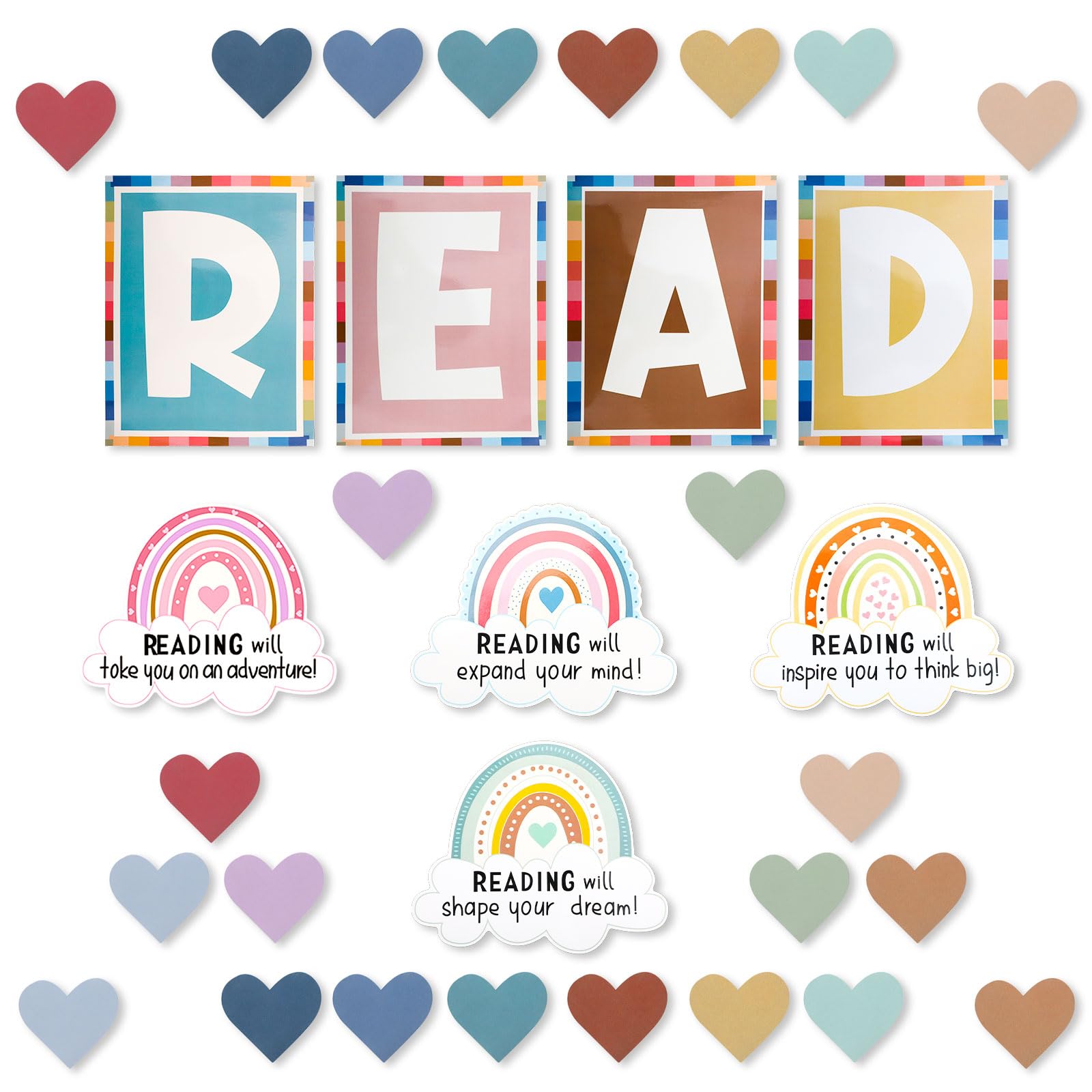 PEUTIER Reading Corner Decor, Boho Reading Posters with Rainbow Love Heart Bulletin Board Letters Boho Classroom Library Wall Decor Bohemian Classroom Decoration for School