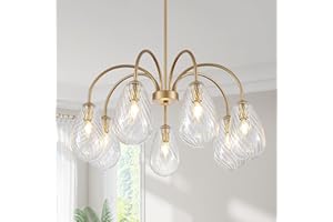 7-Light Gold Chandelier for Dining Room, Mid-Century Modern Light Fixture with Clear Twist-Textured Glass Shades, Adjustable 
