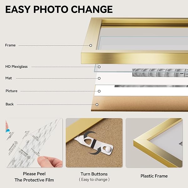 HAPPYHAPI 11X17 PICTURE FRAME GOLD, GOLD PICTURE FRAMES DISPLAY PHOTOS 9X15 WITH MAT OR 11X17 WITHOUT MAT, 1 PACK PLASTIC FRAME FOR WALL FOR HOME DECOR