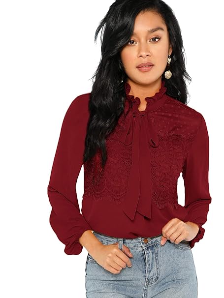 DIDK Damen Elegant Chiffonbluse Stehkragen Einfarbig Langarmshirts Spitzen Blusen