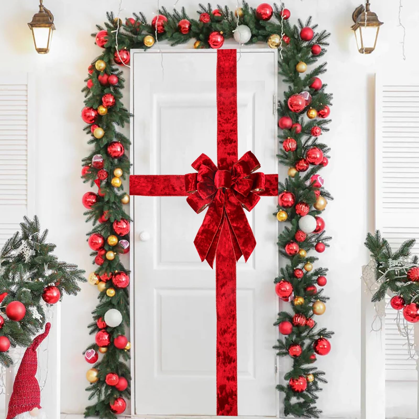 Sursurprise Red Christmas Front Door Bow Decorations, Velvet Xmas Door Bow Large, Baby Shower Wedding Celebration, Wrapping for Window Fireplace Cabinet, Festive Season Home Kitchen Party Supplies