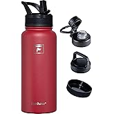 Fanhaw 32 oz Insulated Water Bottle – Portable Stainless Steel Flask with 3 Lids (Straw, Spout, Carabiner) | Leakproof, for Gym, Hiking, Work, Travel & Everyday Use (Red)