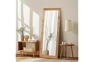ABSWHLM Full Length Mirror 58"x22" Solid Wood Frame Floor Large Mirror for Living Room, Bedroom Hanging or Leaning Wall-Mounted, Light Brown
