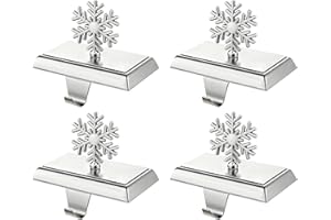 SYITCUN Stocking Holders for Mantle, 4 Pcs Weighted Christmas Stocking Holder, Magnetic Silver Snowflakes Stocking Hooks for Fireplace