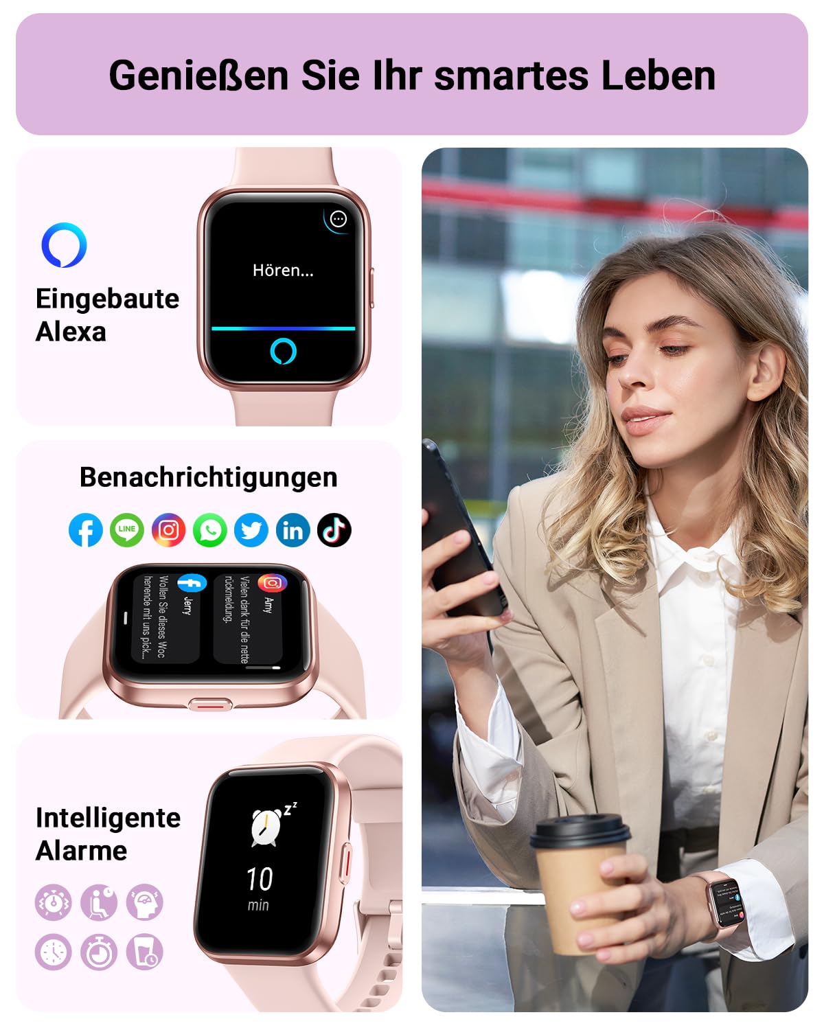 Tensky Smartwatch Damen mit Telefonfunktion 1,85" Smart Watch Alexa Integrierte 3ATM, 110+ Sportmodi, Schrittzähler Uhr Herzfrequenz Schlaf SpO2 Fitnessuhr für Samsung Android iOS 3