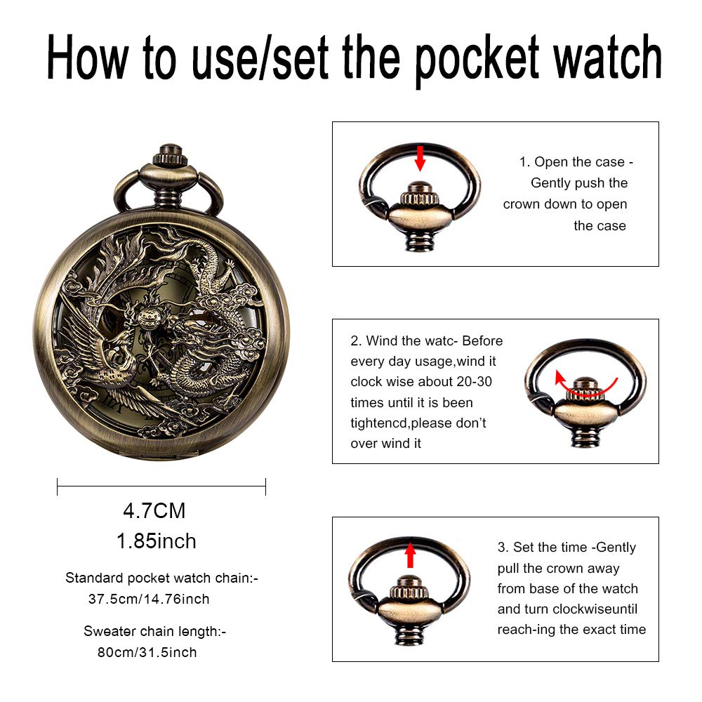 Infinite U Pocket Watch Dragon & Phoenix Vintage Mechanical Steampunk Skeleton Roman Numerals Fob Watch with Chain for Men Women
