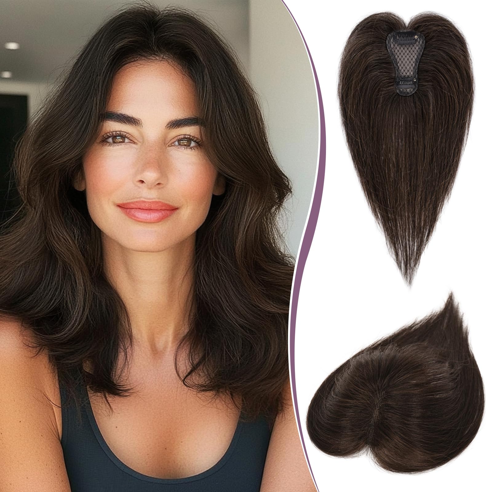 Photo 1 of RUWISS Hair Toppers for Women Real Human Hair - Lightweight Clip-in Hair Piece for Thinning Hair, Fluffy Straight Hair Topper without/with Bangs, Dark Brown with 15% Dark Cocoa Blonde