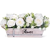 Centerpiece Table Decorations Rustic Wood Tray with 3 Artificial White Rose Flowers and Fake Eucalyptus for Dining Room Farmhouse Living Room Kitchen and Coffee Table Décor