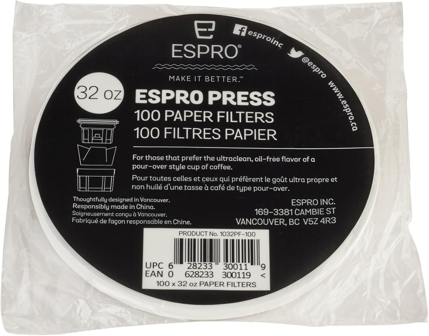 Espro 1032PF100 Paper Coffee Filters for Espro Press P332 oz, P532