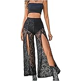 SweatyRocks Women's Split Lace Pants Gothic Grunge See Through Wide Leg Trousers Bell Bottoms