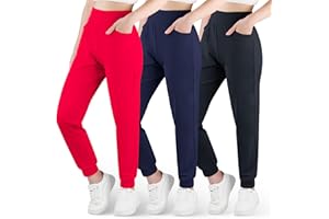 BIG ELEPHANT 3 Pack Girls Joggers with Pockets, High Waisted Kids Athletic Pants for Yoga Running