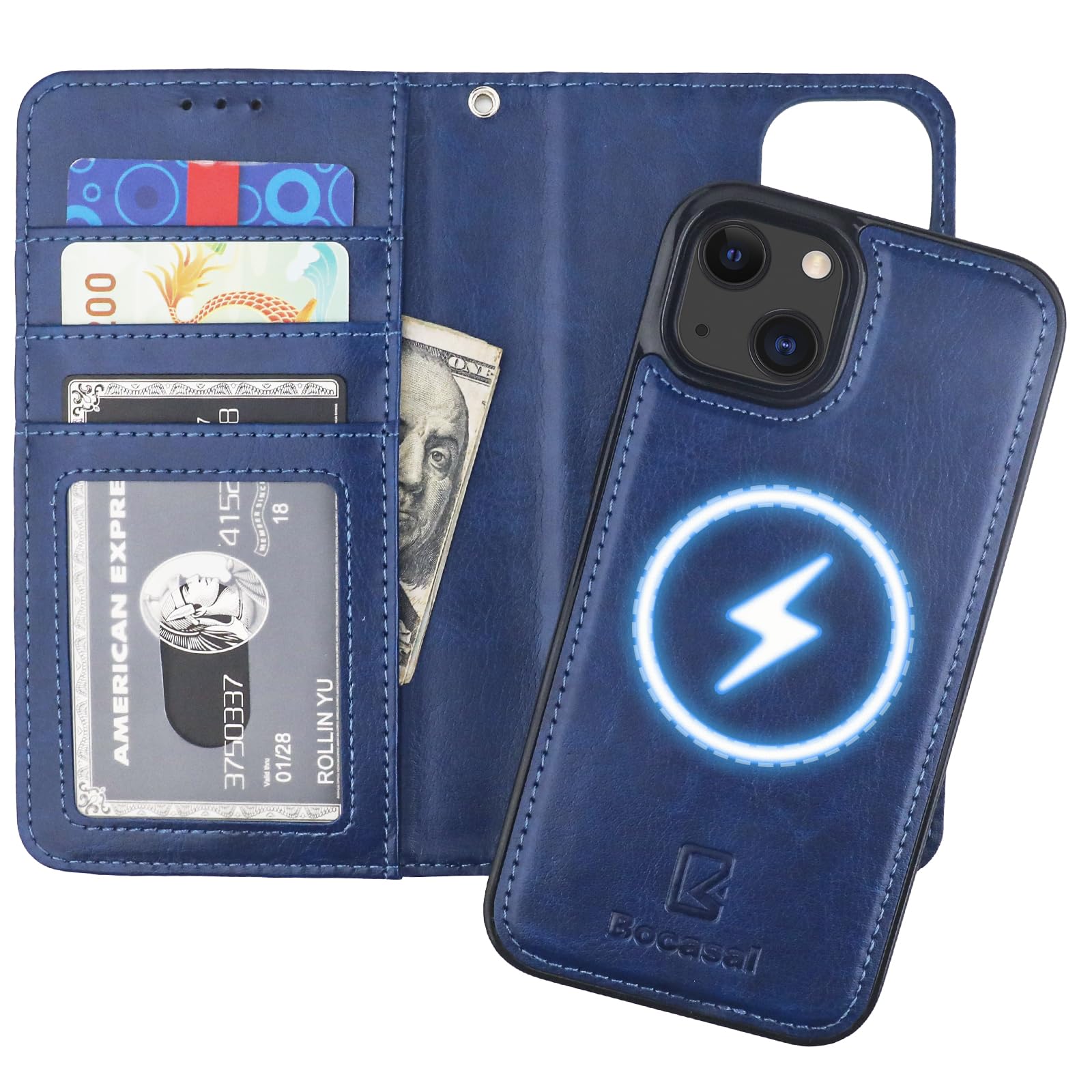 Bocasal for iPhone 13 Wallet Case Compatible with MagSafe Wireless Charging, RFID Blocking Magnetic Leather Case with Card Slots Holder Kickstand Detachable Wrist Strap 6.1 Inch (Blue)
