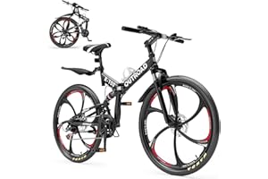 Max4out 26 Inch Folding Mountain Bike, 21 Speed Full Suspension Bicycle with High-Carbon Steel, Dual Disc Brake Non-Slip Quick Release tire Folding Bicycle for Adults/Men/Women