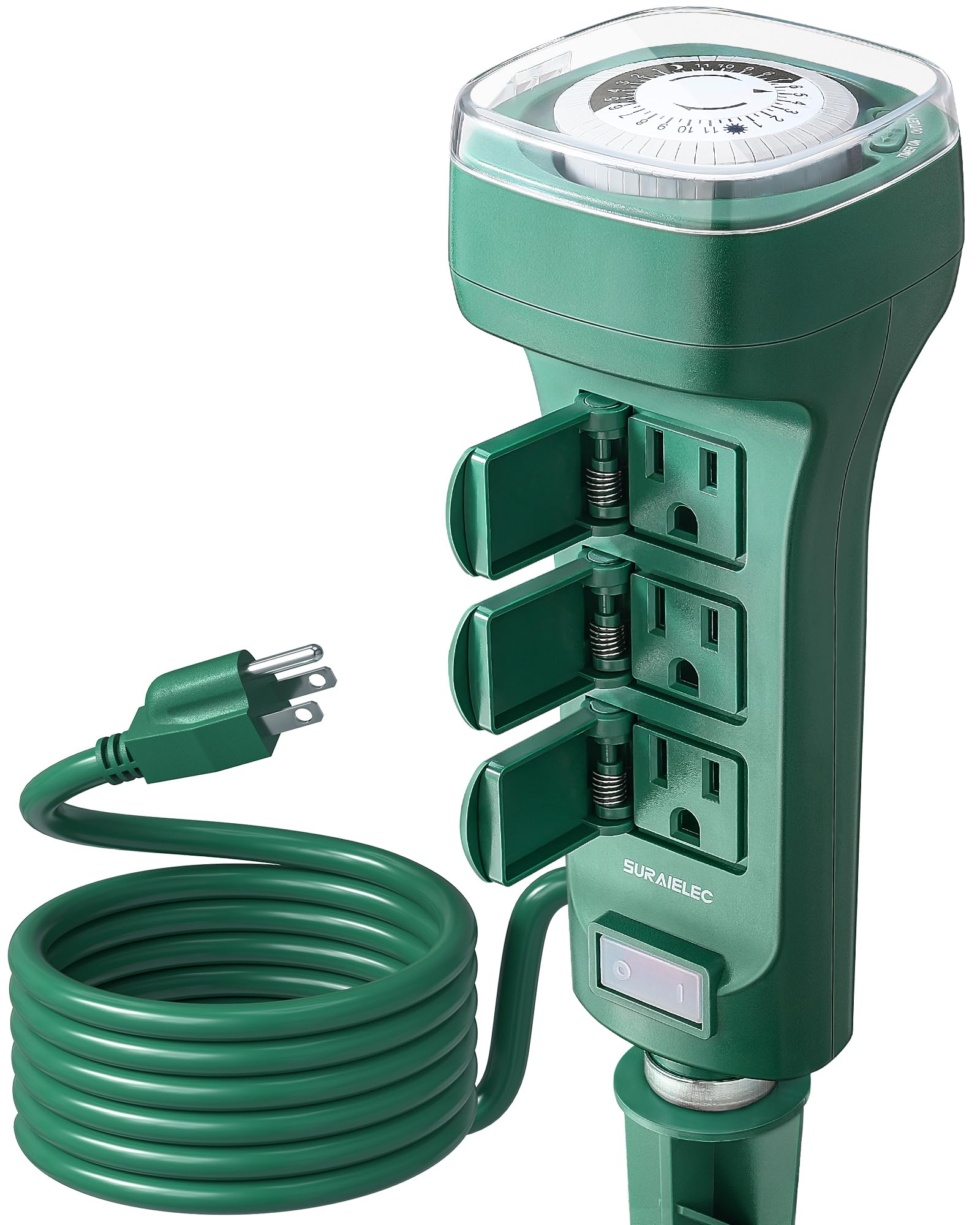 Photo 1 of SURAIELEC 24-Hour Mechanical Outlet Timer, Outdoor Power Stake Light Timer, Electrical Power Strip Weatherproof, 6FT Extension Cord Multiple Plug Splitter for Patio Lights, Christmas Decorations