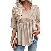 EVALESS Womens Spring Summer Tops Casual Crewneck Half Sleeve Shirts Blouses Cute Floral Embroidered Boho Babydoll Tops