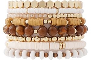 GOOJIDS Surfer Heishi Clay Bead Bracelets for Women Bohemian Stackable Gold Plated Beaded Stretch Bracelets Elastic Layering Friendship Bracelets Set Boho Jewelry