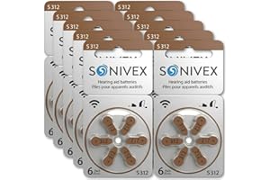 SONIVEX® Size 312 Hearing Aid Batteries, Zinc-Air, Mercury Free, 60 Batteries (10 Packs of 6), Made in Germany