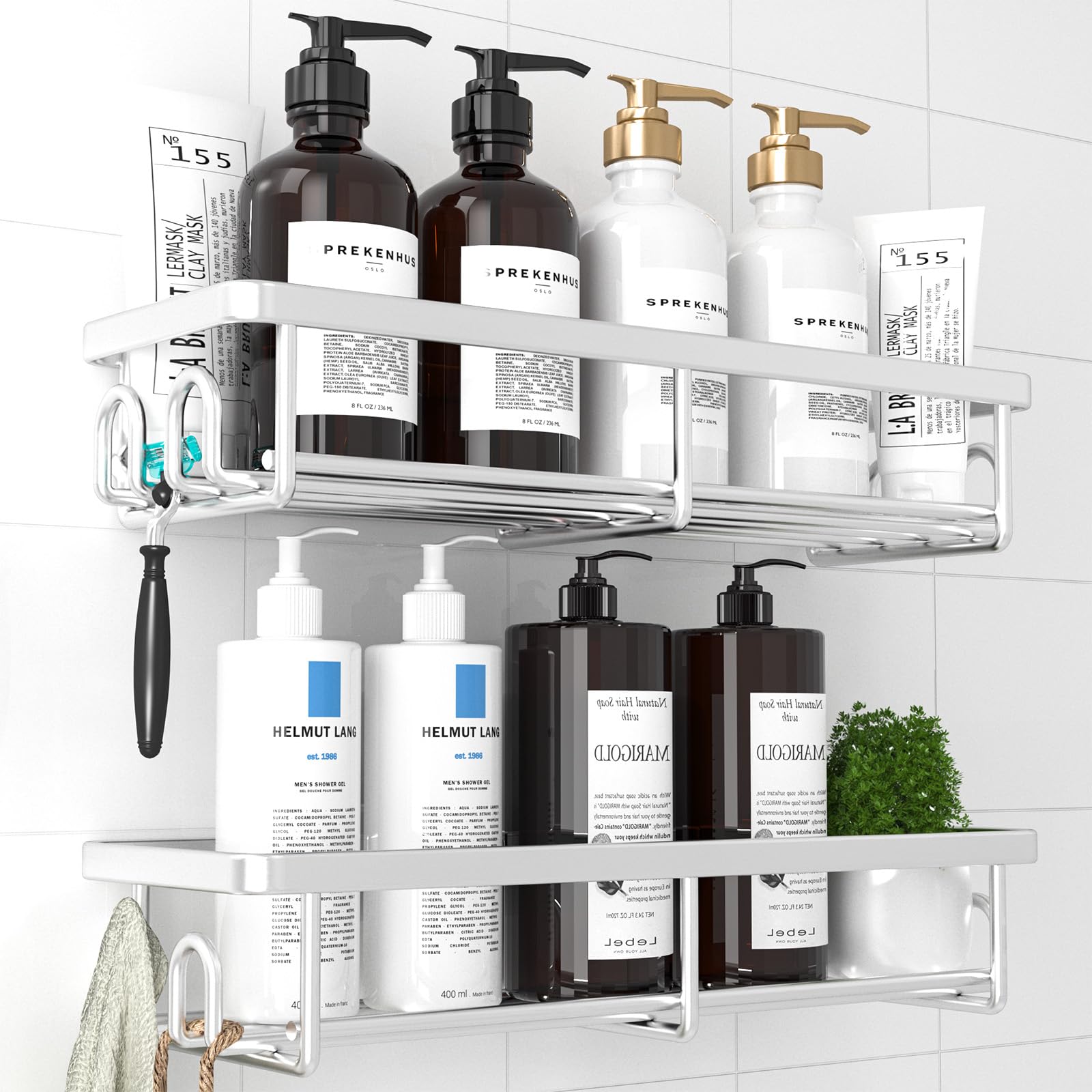 Kitsure 2 Pack Rustproof Shower Caddy - Minimalist Style Bathroom Shelves, Wall-Mounted Shower Shelf, Large Capacity&Durable Bathroom Accessory, Large, Silver