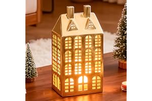 DN DECONATION Christmas Village House Decorations Lighted, Gold Ceramic House Decor, Christmas Town Building Figurines with Lights, Winter Decor for Table Centerpiece Xmas Gifts