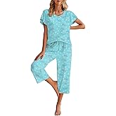 Ekouaer Womens Cotton Pajamas Sets Short Sleeve Tops and Capri Pants Sleepwear Loungewear with Pockets