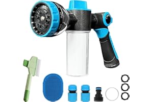 MOSIKEN Dog Wash Hose Attachment, 10-in-1 Spray Mode Pet Shower Soap Sprayer with Grooming Comb Rubber Brush, Hose Nozzle with 100cc Soap Dispenser, for Watering, Car Wash, Dog and Horse Showering (Blue)