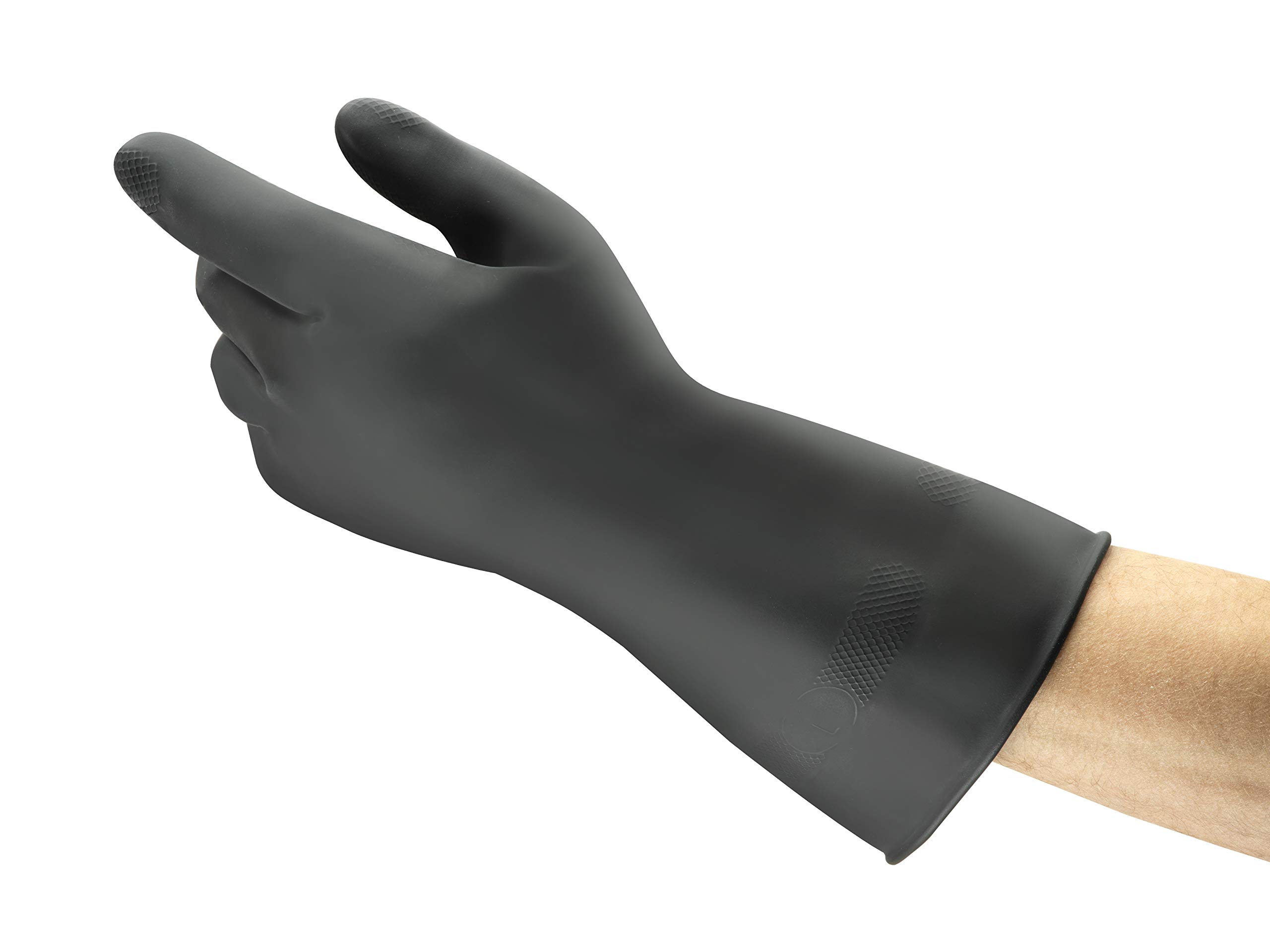 Ansell AlphaTec 87-118 Chemical Resistant Gloves in Latex, Heavy Duty Protection against Splash, Acids and Solvents, Reusable Rubber Latex Gloves, Cotton Flocked, Black, Size L (1 Pair)