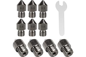 KINGROON 3D Printer Nozzles, 11PCS Hardened Steel MK8 Extruder Nozzles 0.2mm, 0.3mm, 0.4mm, 0.5mm, 0.6mm, 0.8mm, 1.0mm with Storage Box Socket for CR-10/ Ender 3/5, Ender 3/ V2 Ender3 pro, Aquila