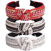 TOBATOBA Knotted Headbands for Women Sequins Pearl Headband Top Knot Head band Turban Boho Head bands for Women Beaded Wide Hairband Fashion Elegant Ladies Hair Band 3 Pack (Black, White, Red)