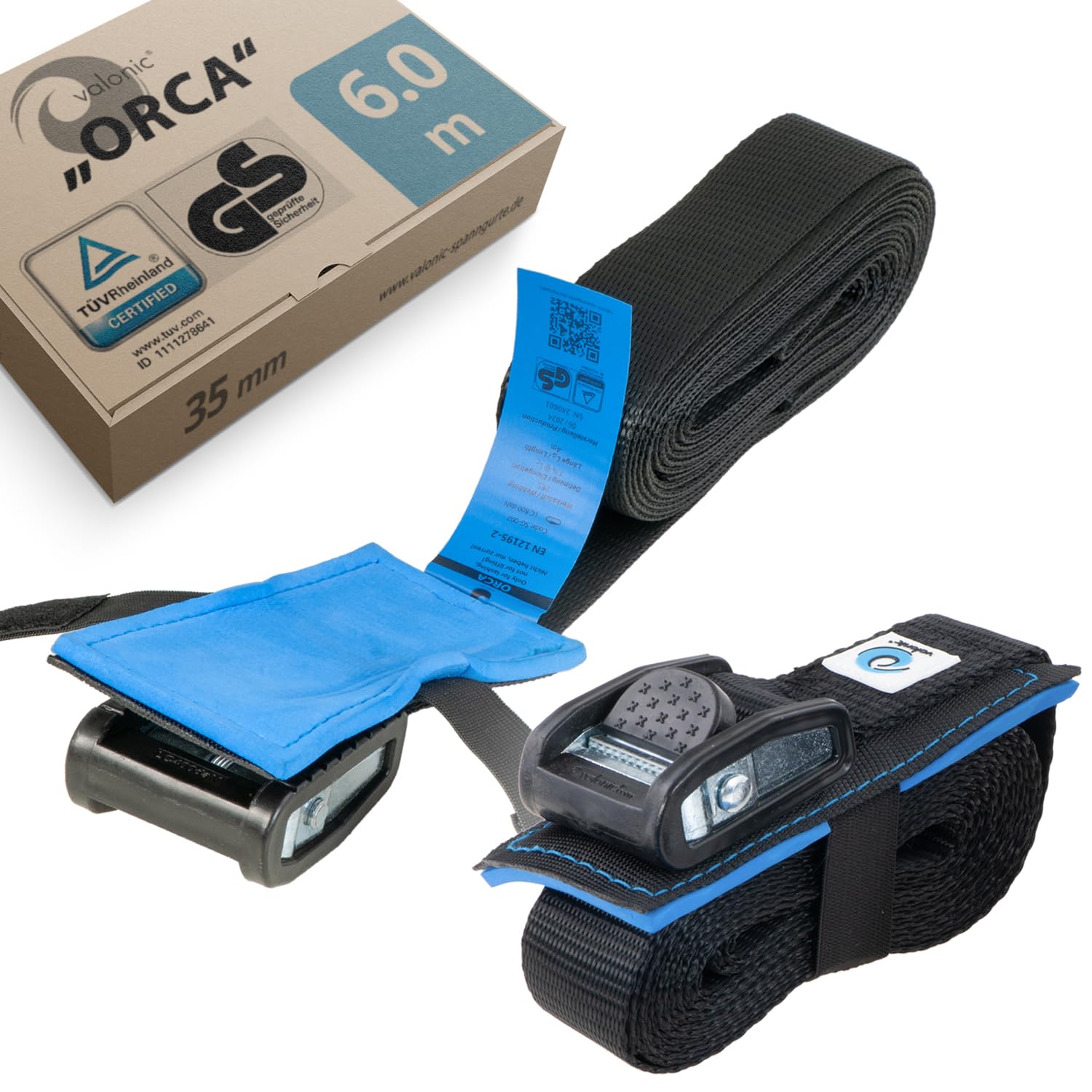 valonic ORCA - 2x 6m XL tie down straps, 35mm, 800Kg, protection pad, TÜV Rheinl. / GS certified, EN-12195-2 - cam buckle, for roof rack, surfboard, kayak and paddle board, black